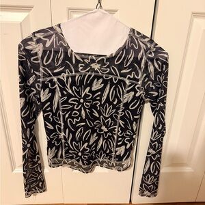 Promesa Black & White Floral Mesh Long-Sleeve Crop Top